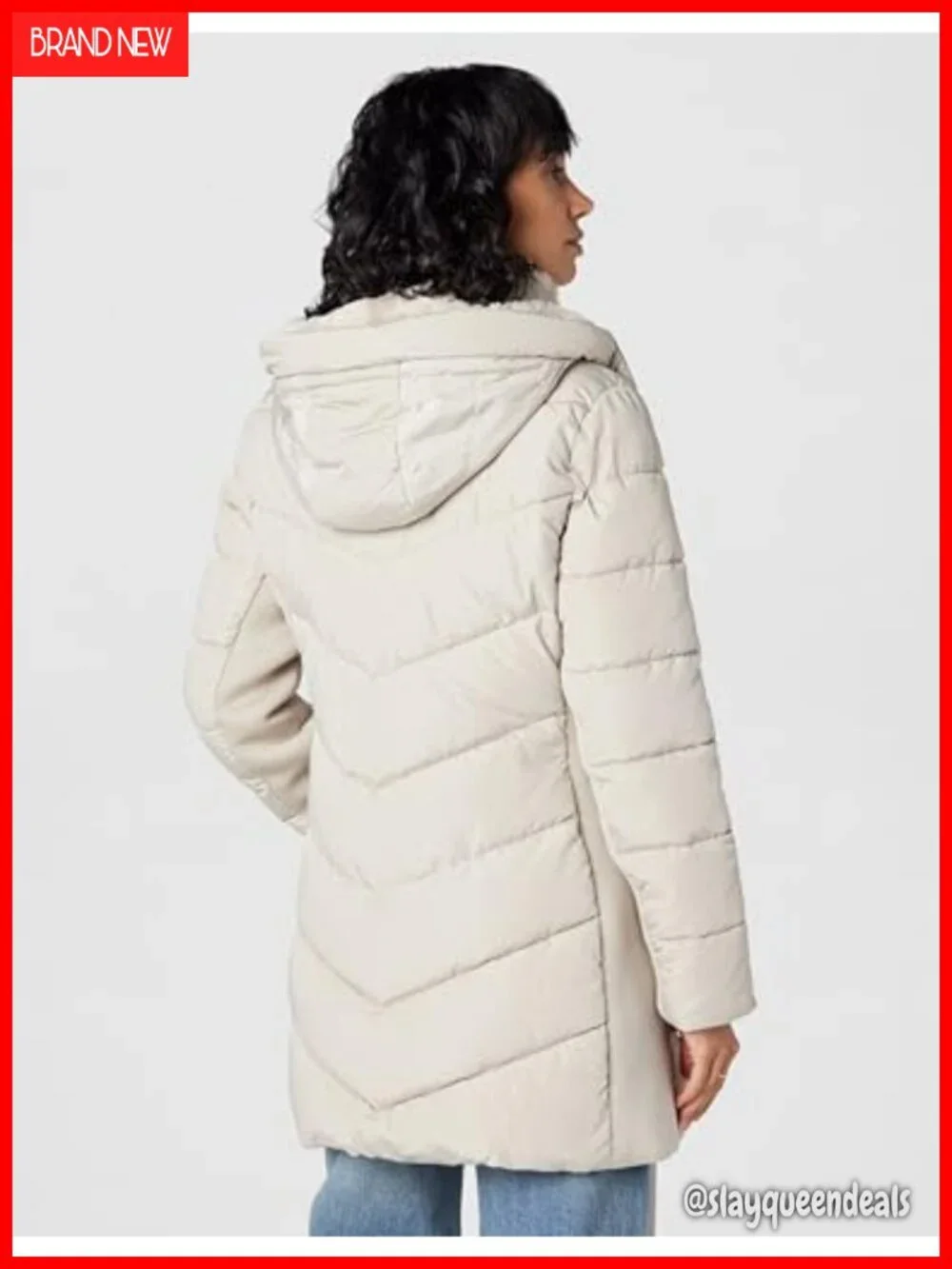Long Quilted Jacket With Faux Sherpa Lined Hood and Inset Bib